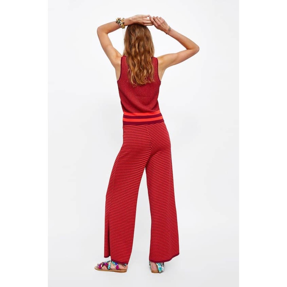 Zara Knit High Two Tone Print Flare Pants Red - Picture 13 of 13